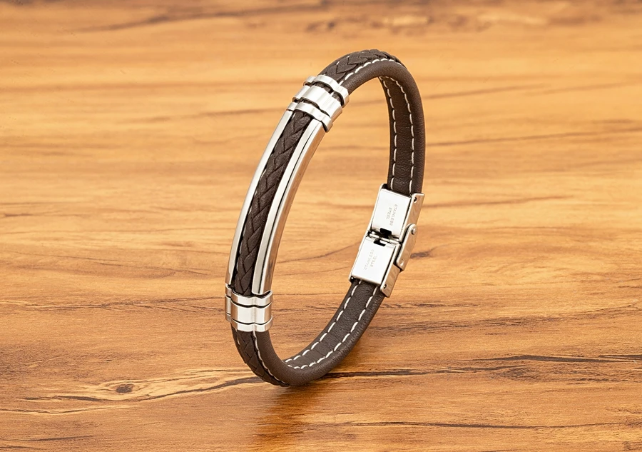 Genuine Leather Metal Stainless Steel Bracelet Men - Uniqwear