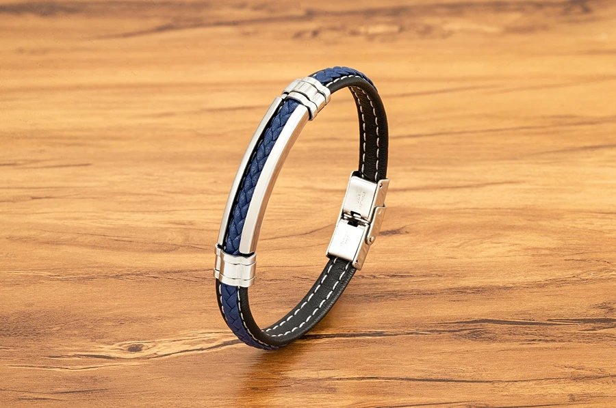 Genuine Leather Metal Stainless Steel Bracelet Men - Uniqwear