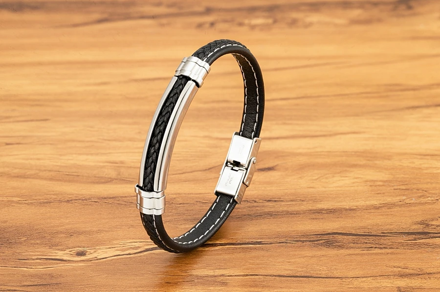 Genuine Leather Metal Stainless Steel Bracelet Men - Uniqwear
