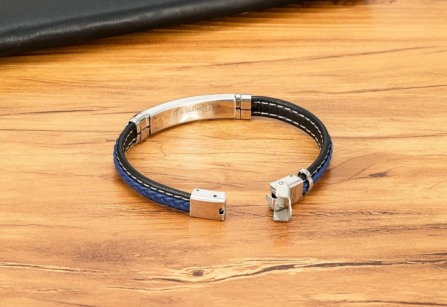 Genuine Leather Metal Stainless Steel Bracelet Men - Uniqwear