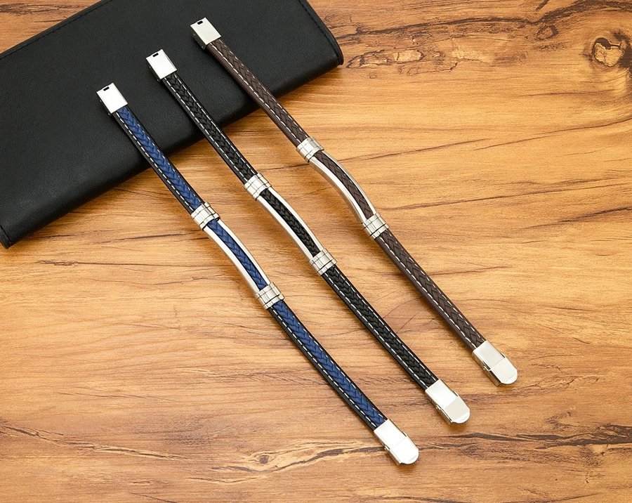 Genuine Leather Metal Stainless Steel Bracelet Men - Uniqwear