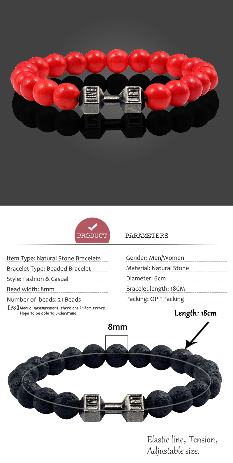 Gym Dumbbells Beads Bracelet Natural Stone for Men - Uniqwear