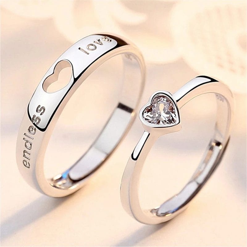 2Pcs/sets Zircon Heart Matching Couple Rings Set - Uniqwear
