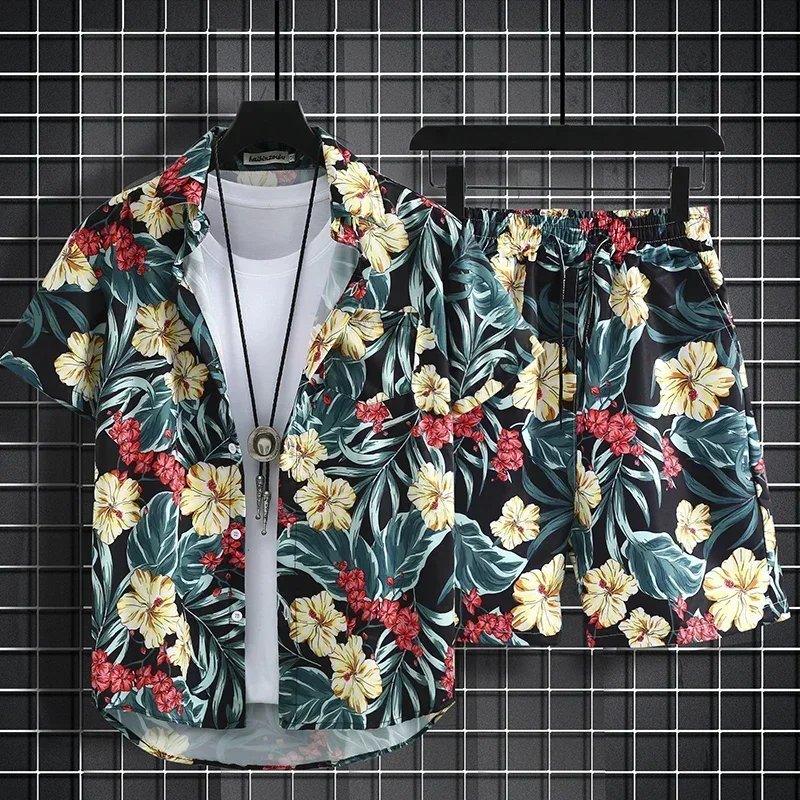 Short Sleeve Flower Shirt Men's Beach Sets - Uniqwear