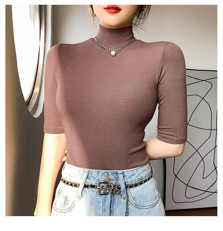 Basic Cotton T Shirt Women Turtleneck Tshirt Short Sleeve - Uniqwear