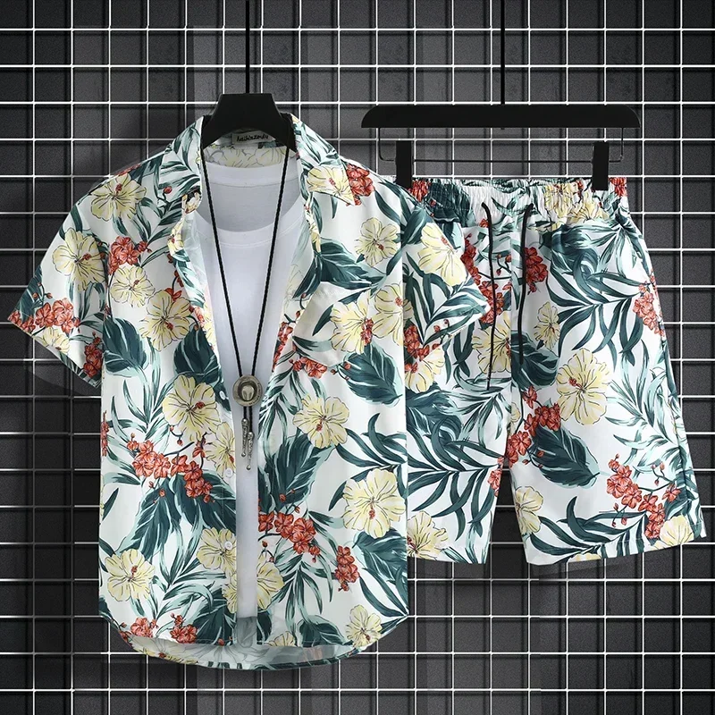 Short Sleeve Flower Shirt Men's Beach Sets - Uniqwear