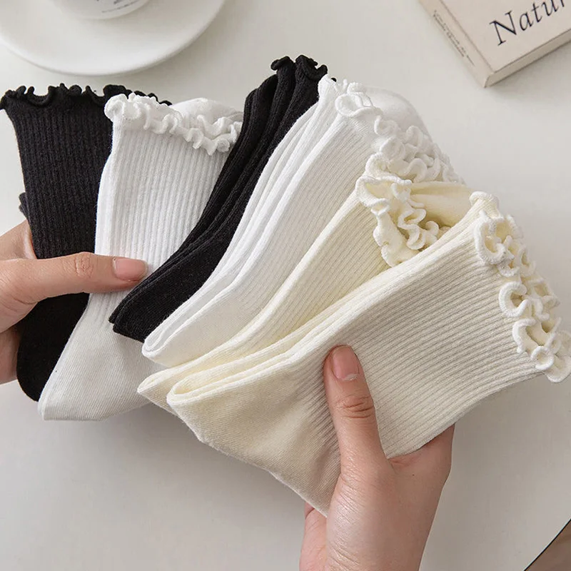 5 Pairs Women Ruffle Socks Black White - Uniqwear