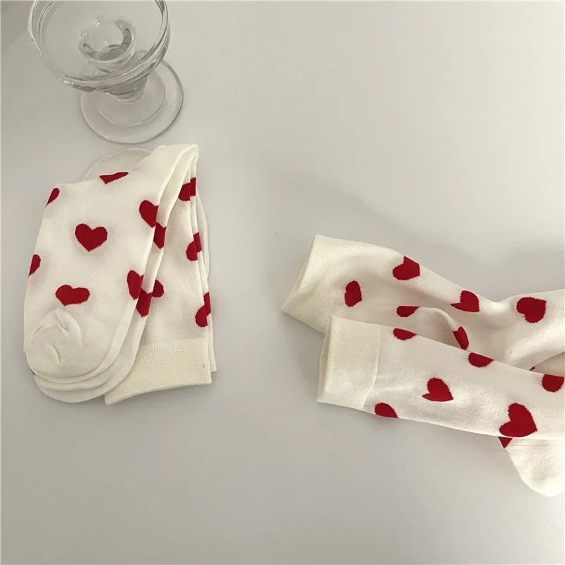Funny Loving Red Heart Pattern Cotton Women Crew Sock - Uniqwear