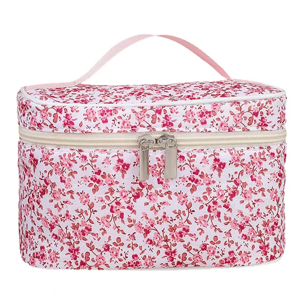 Cotton Cosmetic Pouch Floral Pattern Dual Zipper Organizer - Uniqwear