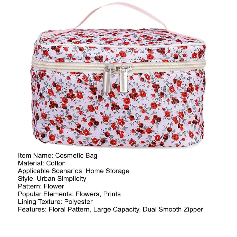 Cotton Cosmetic Pouch Floral Pattern Dual Zipper Organizer - Uniqwear