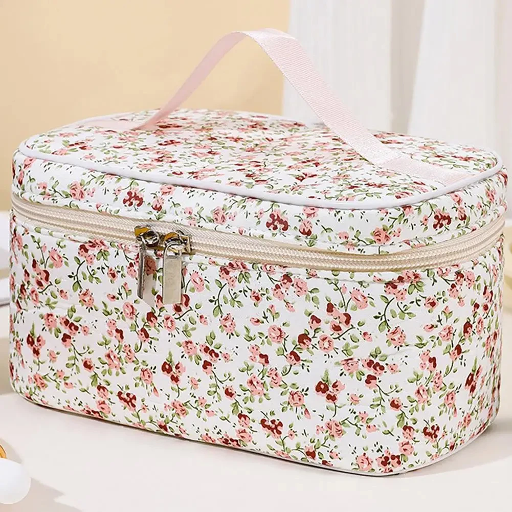 Cotton Cosmetic Pouch Floral Pattern Dual Zipper Organizer - Uniqwear