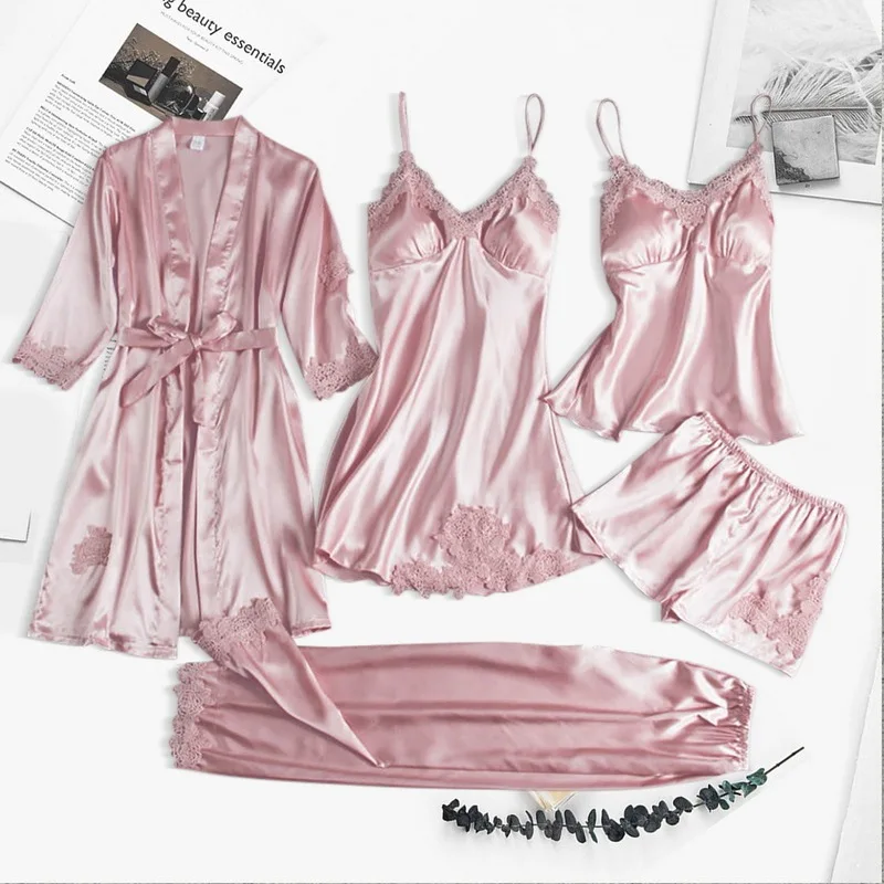 5PC Silk Robe Sleep Suit Womens Lace Satin Pajamas Nightwear - Uniqwear