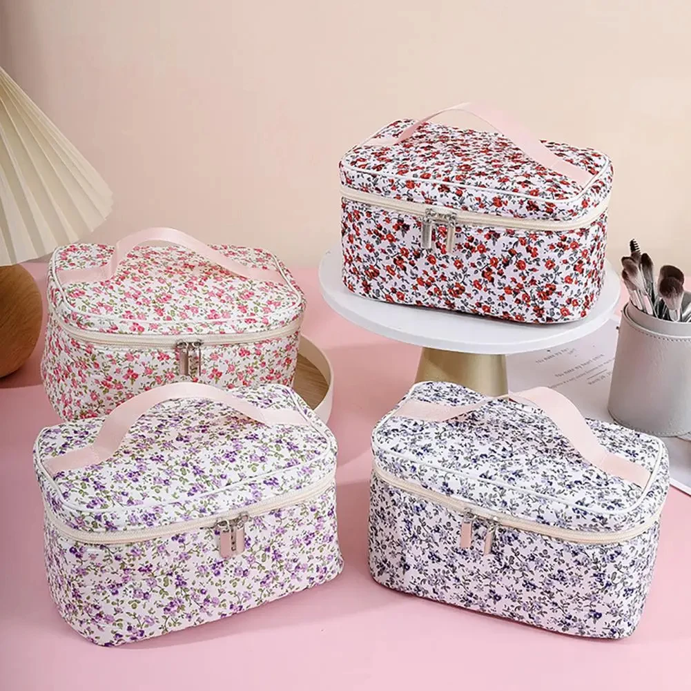 Cotton Cosmetic Pouch Floral Pattern Dual Zipper Organizer - Uniqwear
