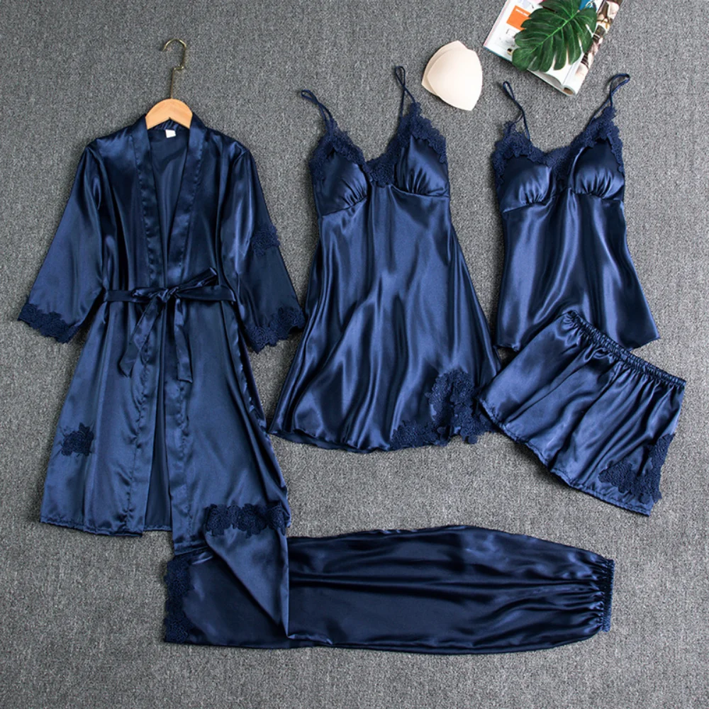 5PC Silk Robe Sleep Suit Womens Lace Satin Pajamas Nightwear - Uniqwear