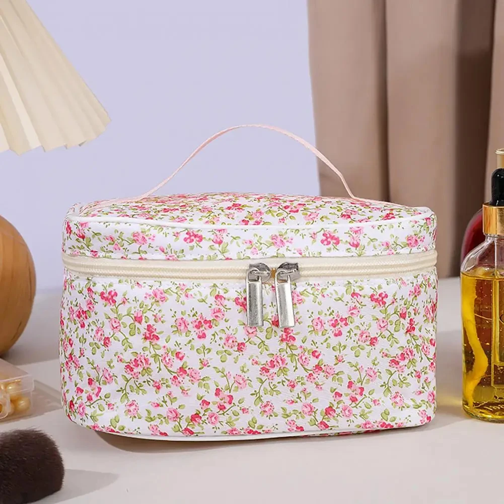 Cotton Cosmetic Pouch Floral Pattern Dual Zipper Organizer - Uniqwear