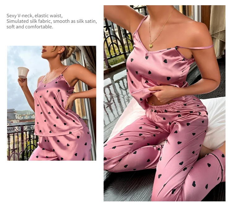 Women Satin Silk Pajamas Sets Letter Print - Uniqwear