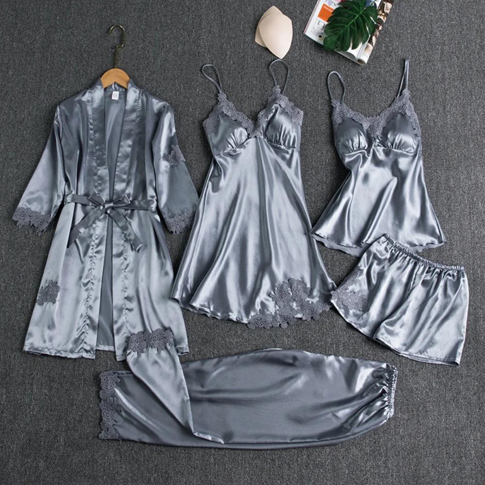 5PC Silk Robe Sleep Suit Womens Lace Satin Pajamas Nightwear - Uniqwear