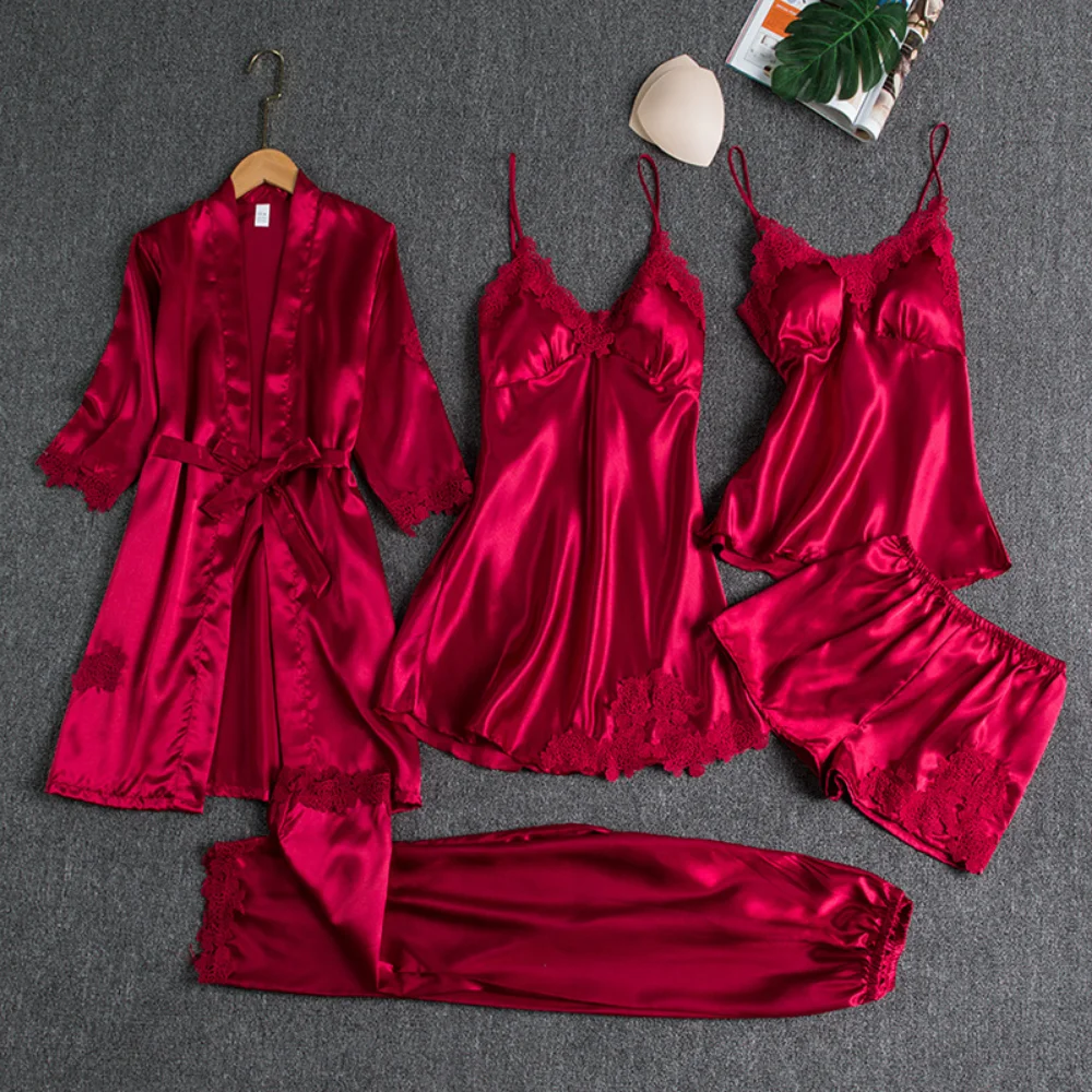 5PC Silk Robe Sleep Suit Womens Lace Satin Pajamas Nightwear - Uniqwear