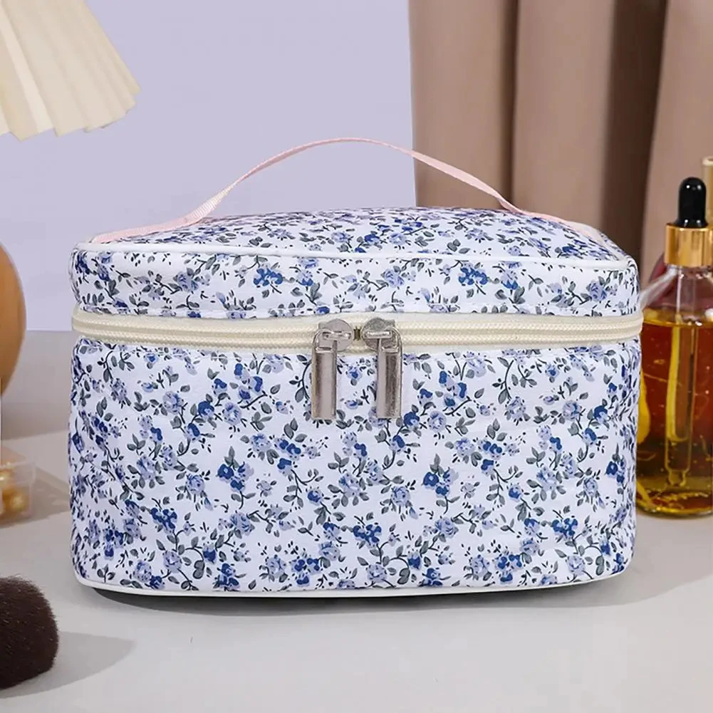 Cotton Cosmetic Pouch Floral Pattern Dual Zipper Organizer - Uniqwear
