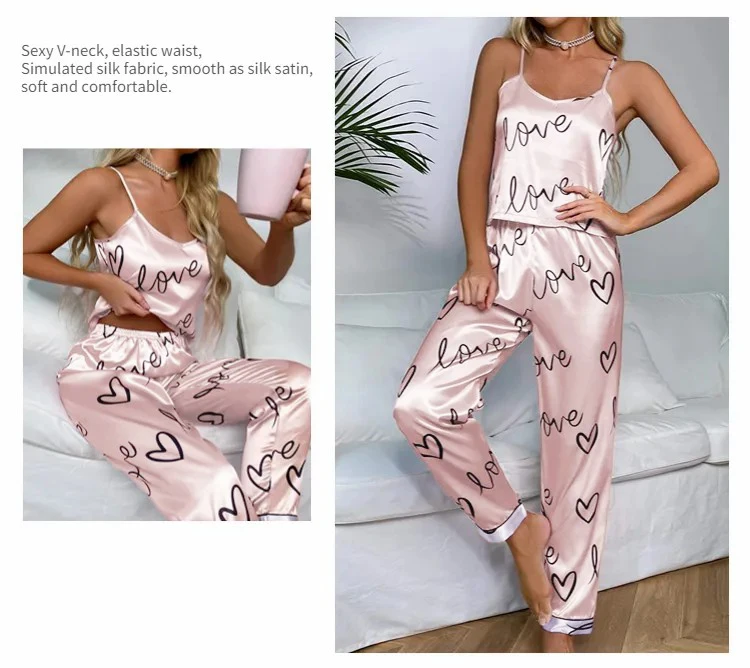 Women Satin Silk Pajamas Sets Letter Print - Uniqwear