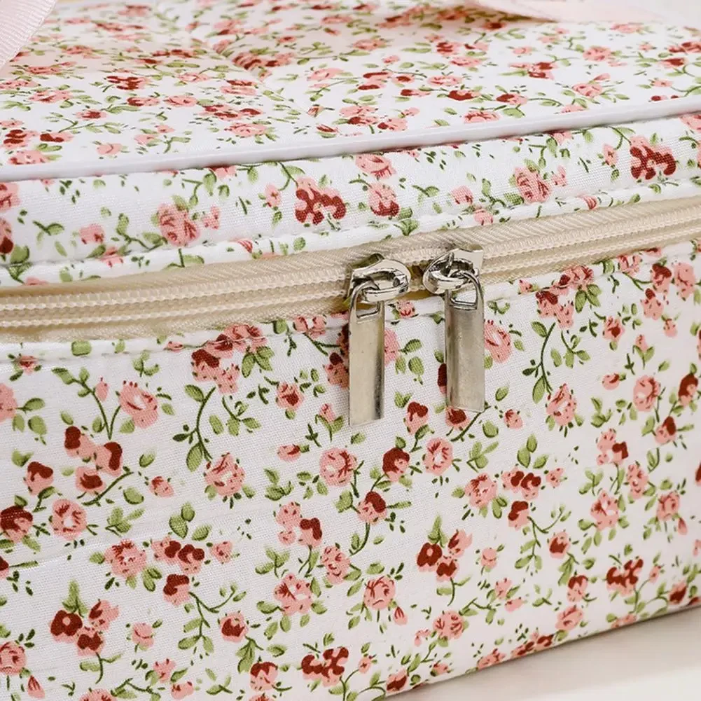 Cotton Cosmetic Pouch Floral Pattern Dual Zipper Organizer - Uniqwear