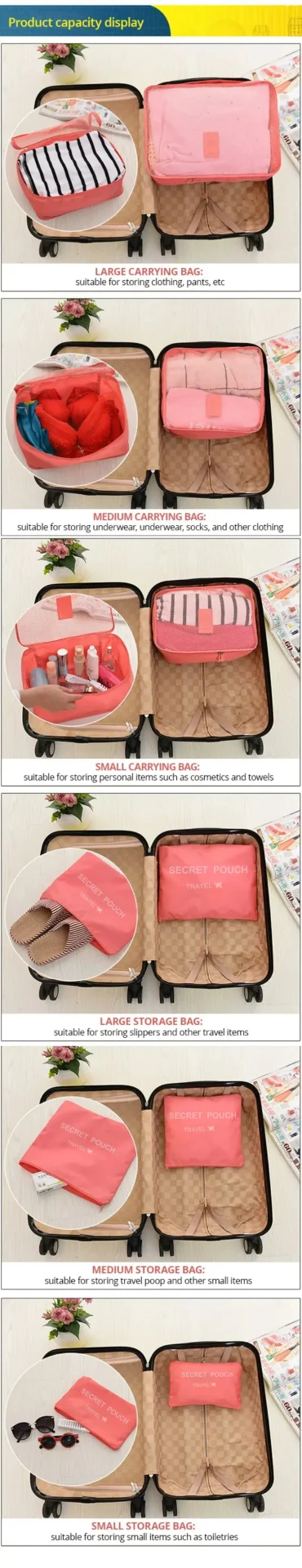 6 Pcs/Set Pink/Blue/Grey Travel Storage Bag Large Capacity - Uniqwear