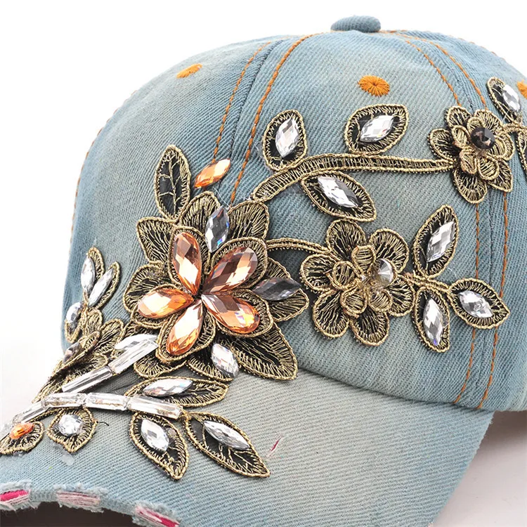 Women's Baseball Cap Diamond Painting Embroidery Flower Denim - Uniqwear