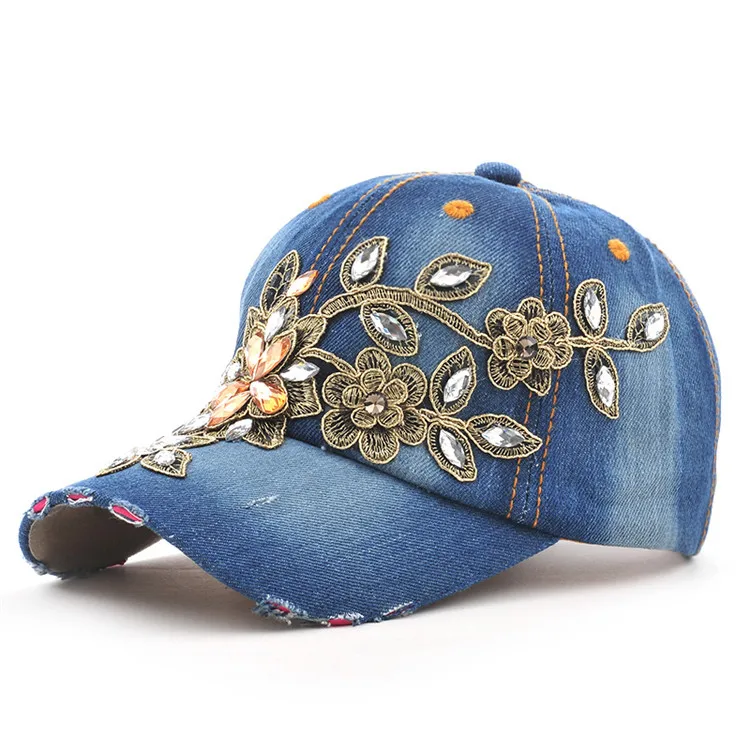 Women's Baseball Cap Diamond Painting Embroidery Flower Denim - Uniqwear
