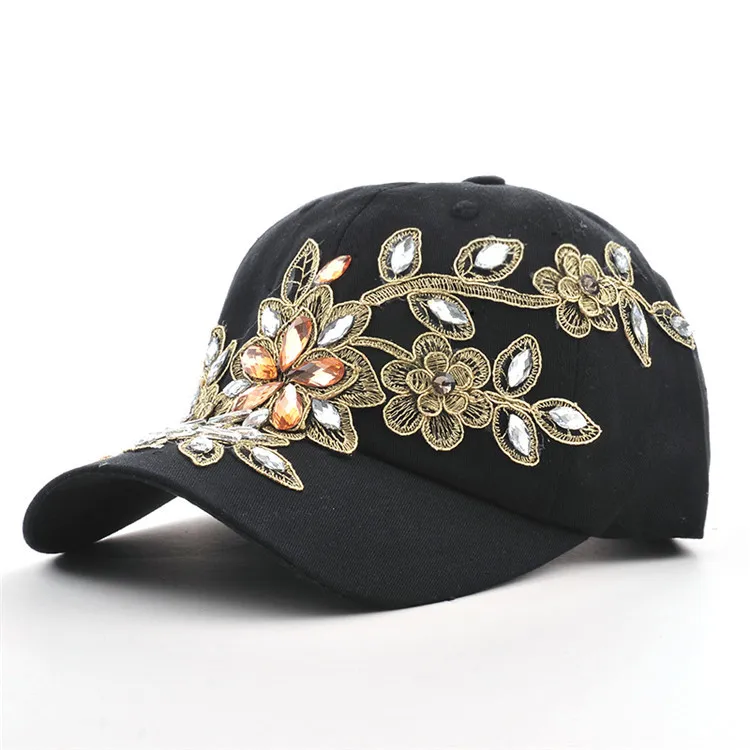 Women's Baseball Cap Diamond Painting Embroidery Flower Denim - Uniqwear