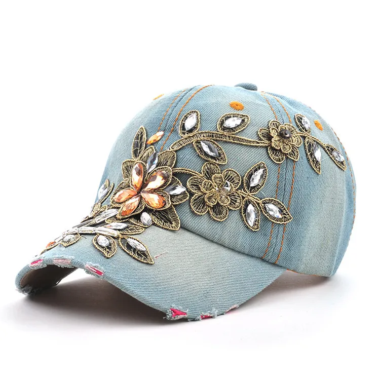 Women's Baseball Cap Diamond Painting Embroidery Flower Denim - Uniqwear