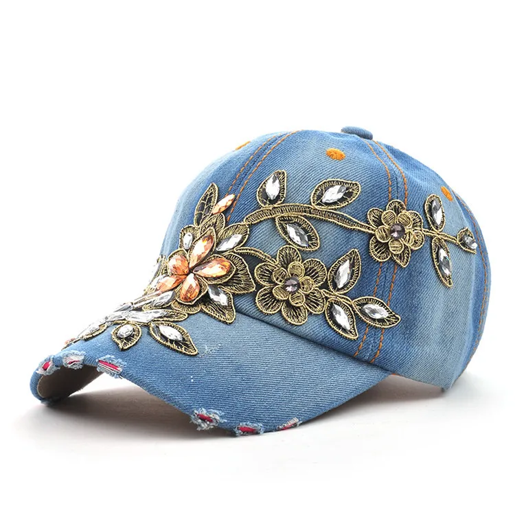 Women's Baseball Cap Diamond Painting Embroidery Flower Denim - Uniqwear