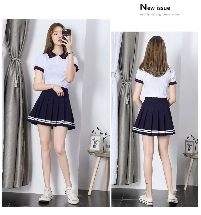 High Waist Women's Skirts Striped Pleated Mini Plaid Skirt - Uniqwear