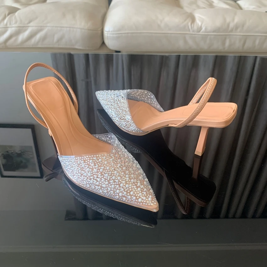 Women High Heels Pearl Decoration Slingback Sandals - Uniqwear