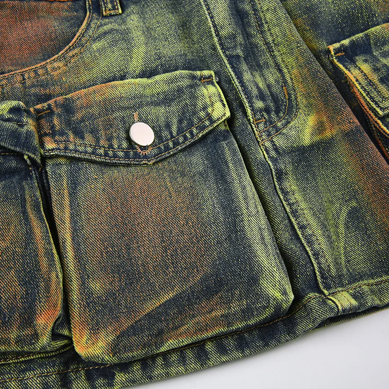 Women's Denim Skirts Green Irregular Multiple Pockets Cargo - Uniqwear