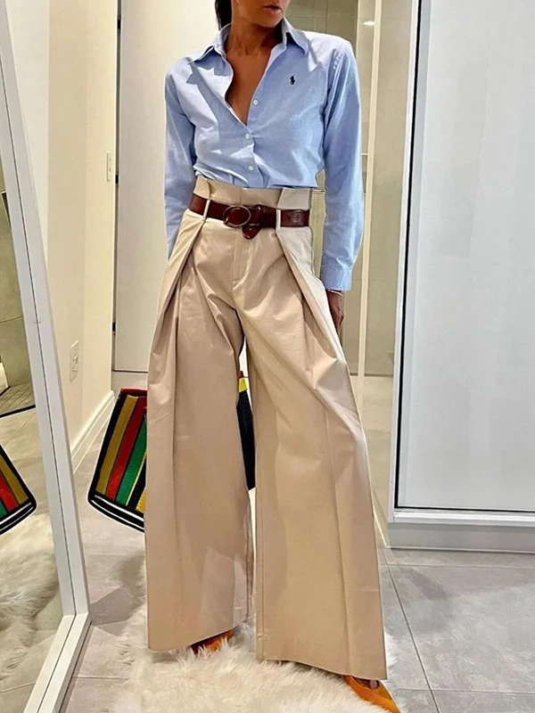 Urban Women's Pants Solid Apricot High Waist Wide Leg - Uniqwear