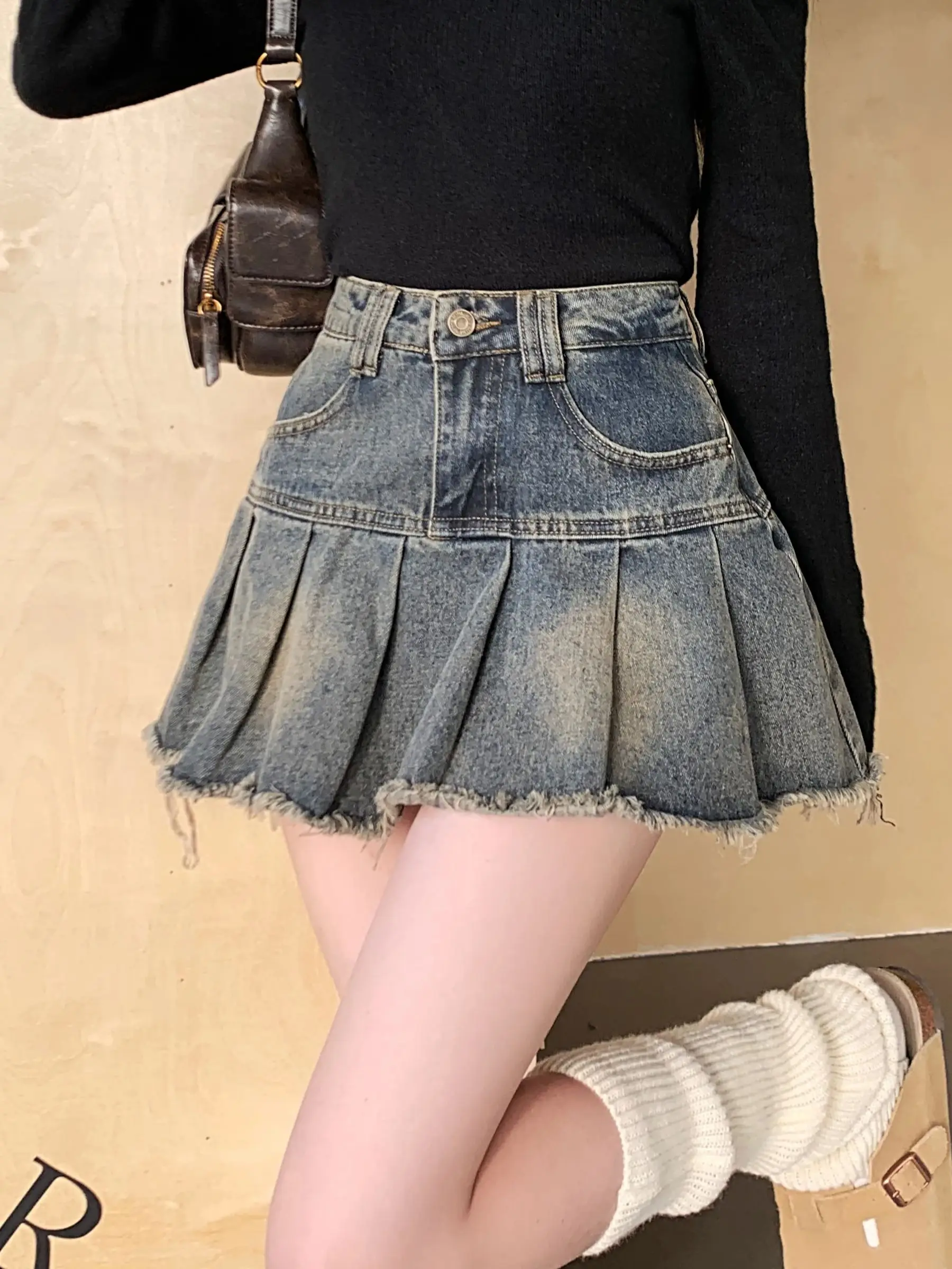 Women's Cute Denim Skirt High Waist Pleated Skirt - Uniqwear