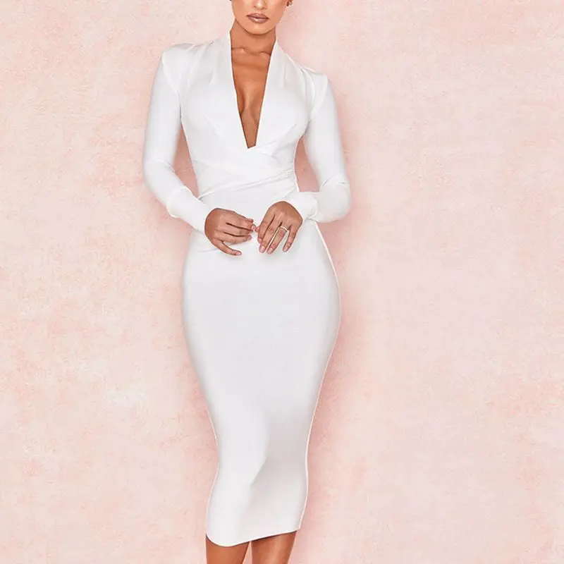 Women's Deep V Neck Bandage Dress Long Sleeve - Uniqwear