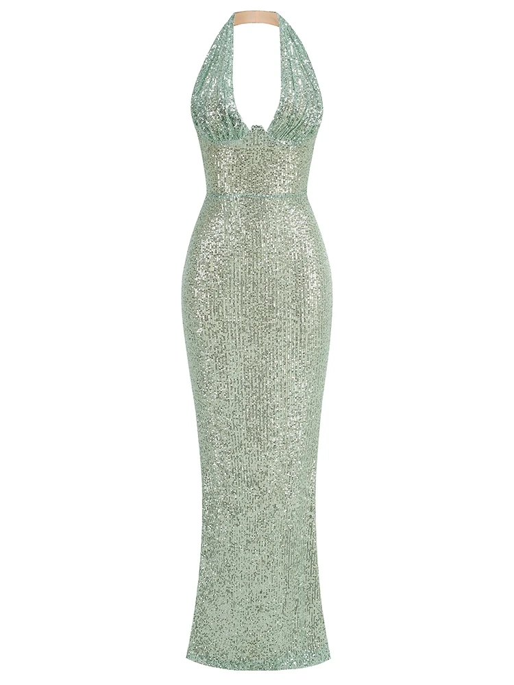 Sexy Halter Deep V Neck Sequins Maxi Dress Women - Uniqwear