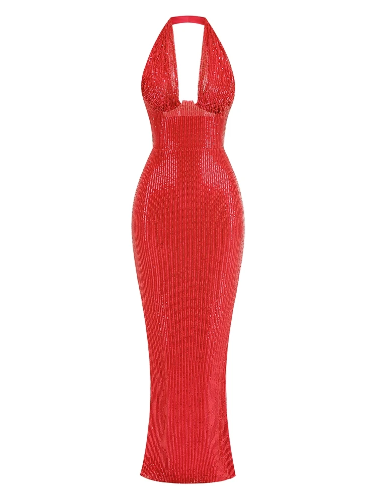 Sexy Halter Deep V Neck Sequins Maxi Dress Women - Uniqwear