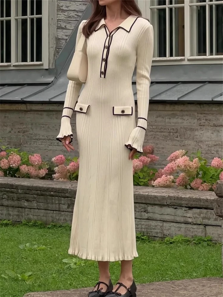 Autumn Winter Elegant Knitted Long Ruffles Dresses - Uniqwear