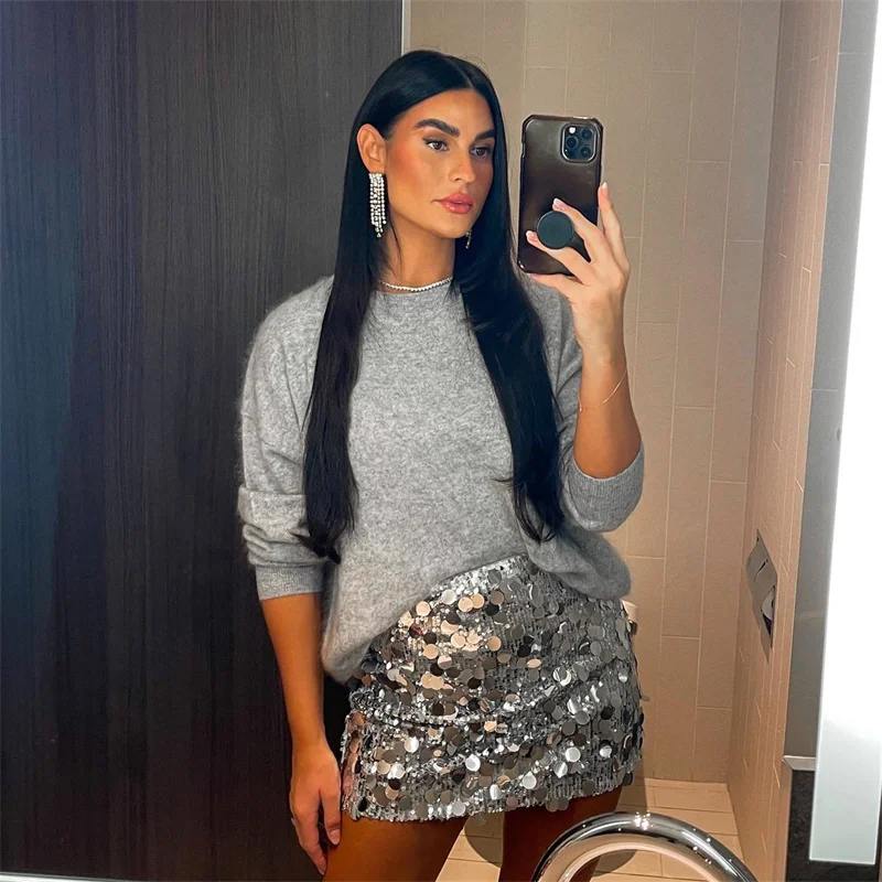 Silver Sequin Skirt Woman High Waist Mini Skirt - Uniqwear