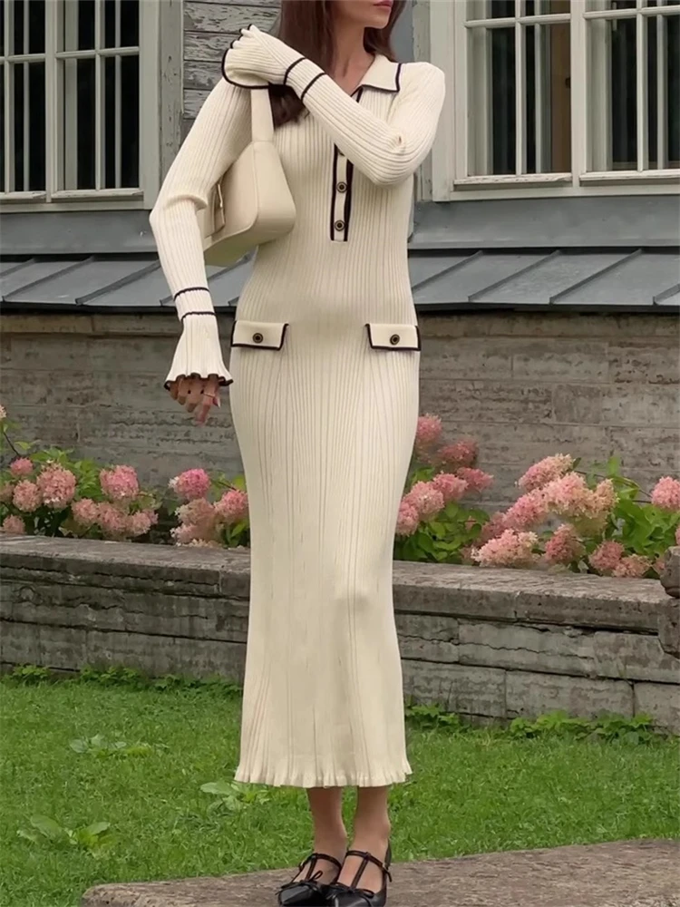 Autumn Winter Elegant Knitted Long Ruffles Dresses - Uniqwear