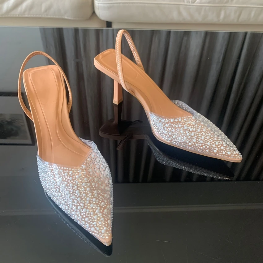 Women High Heels Pearl Decoration Slingback Sandals - Uniqwear