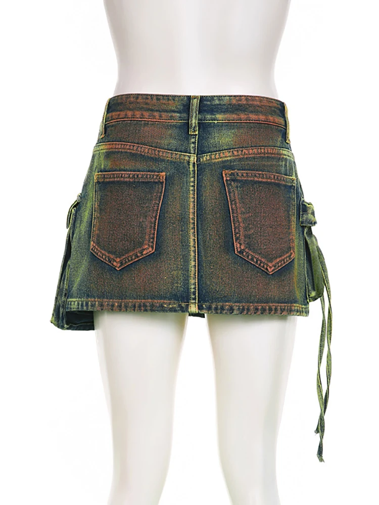 Women's Denim Skirts Green Irregular Multiple Pockets Cargo - Uniqwear