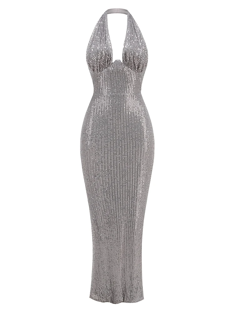 Sexy Halter Deep V Neck Sequins Maxi Dress Women - Uniqwear