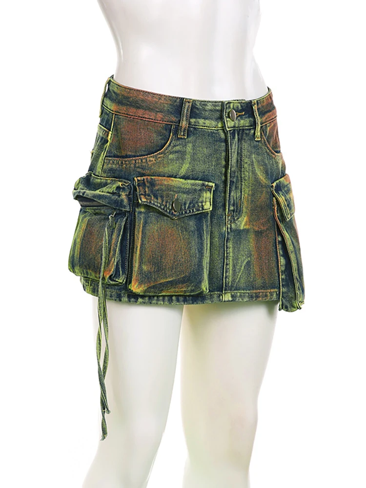 Women's Denim Skirts Green Irregular Multiple Pockets Cargo - Uniqwear