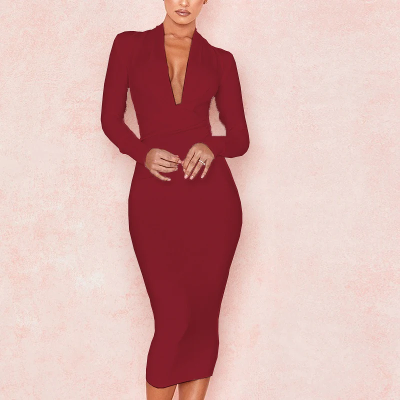 Women's Deep V Neck Bandage Dress Long Sleeve - Uniqwear
