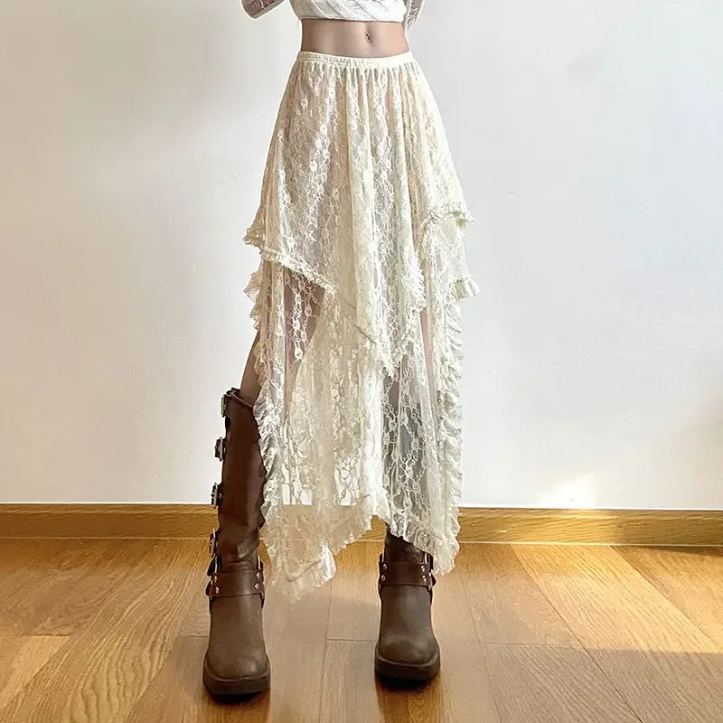 Lace Asymmetrical Skirt Fairycore Women Vintage - Uniqwear