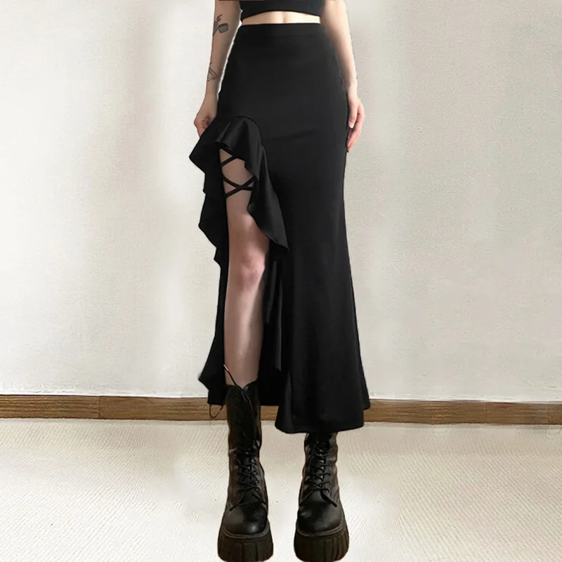 Gothic Black High Waist Mid Skirt - Uniqwear