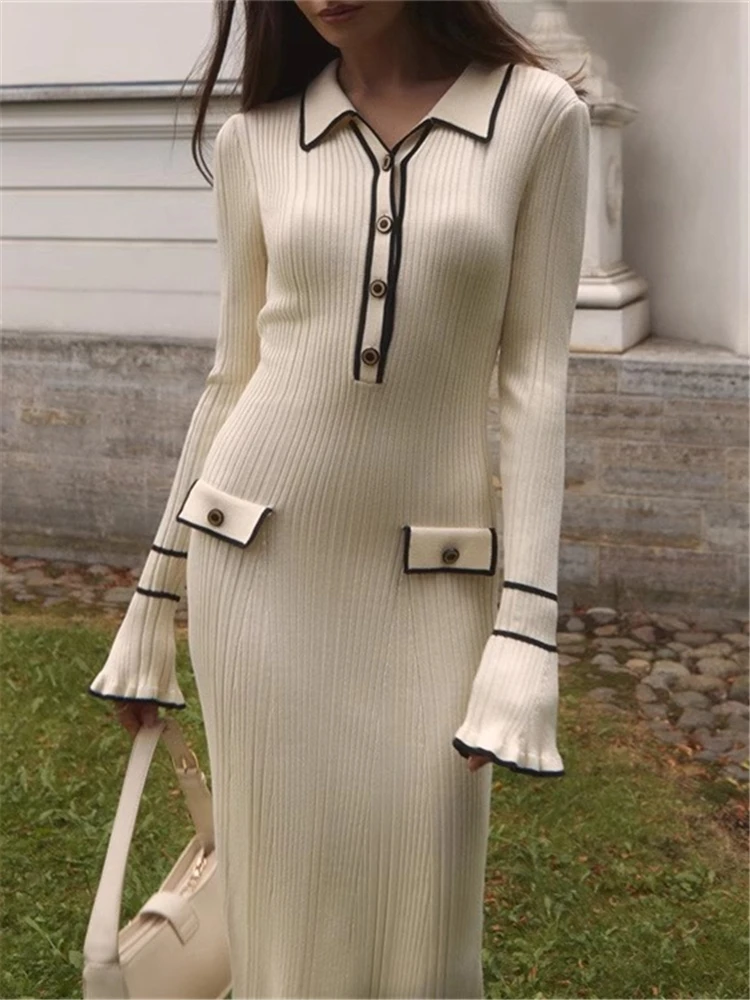 Autumn Winter Elegant Knitted Long Ruffles Dresses - Uniqwear